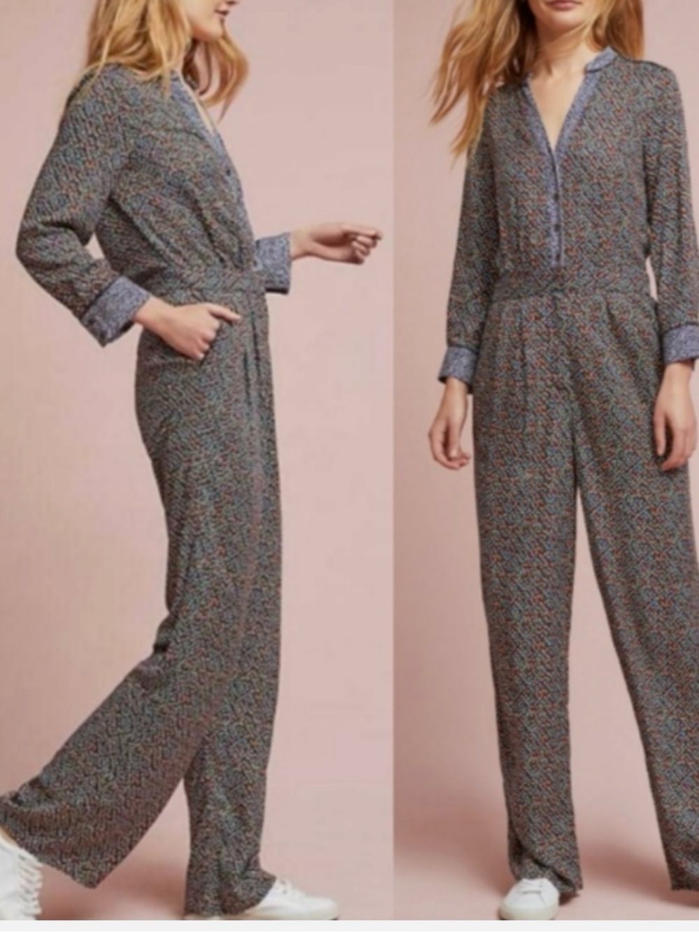 Anthropologie Navy Multicolor Printed Long-Sleeve Jumpsuit